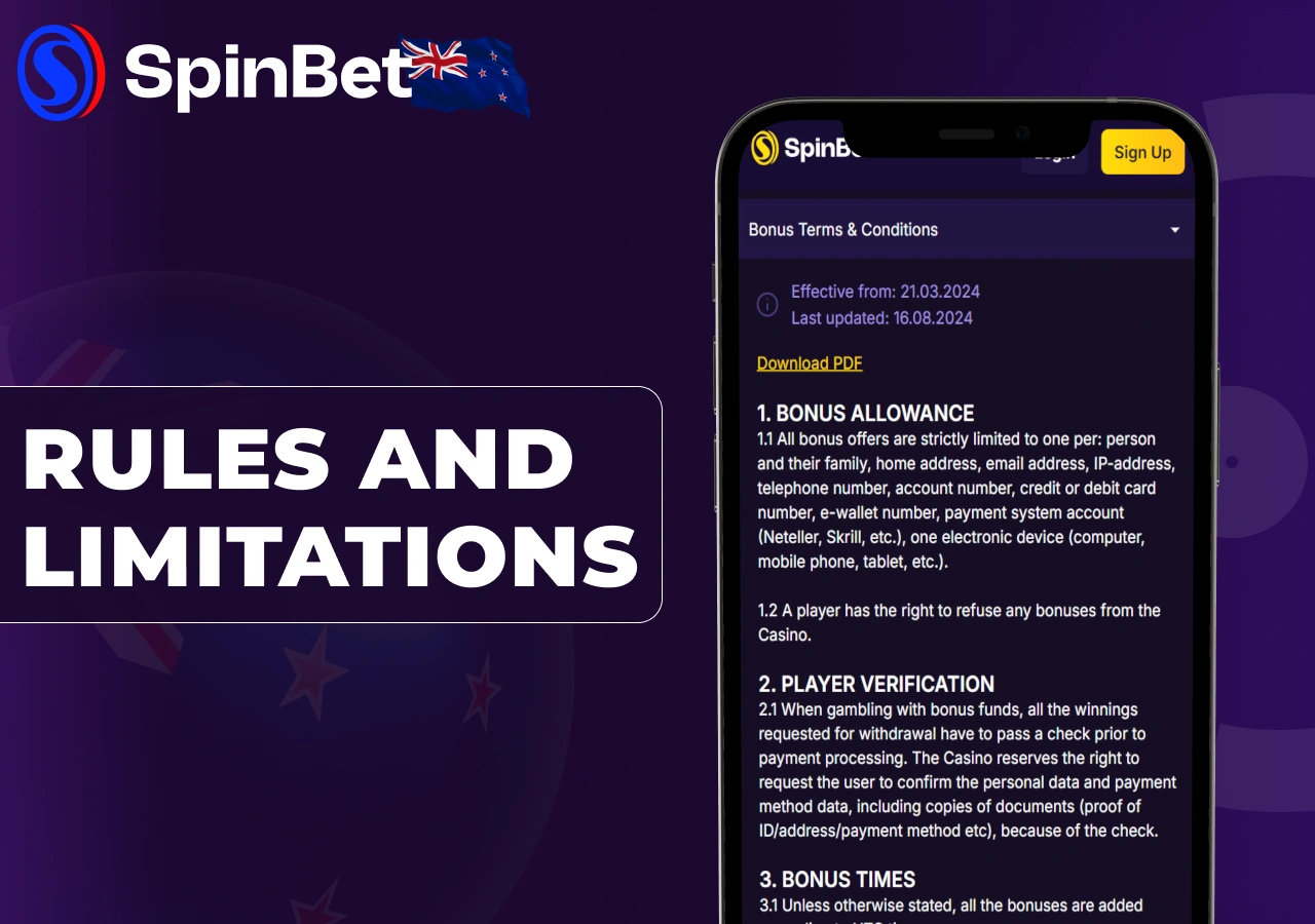SpinBet bonus includes wagering requirements and withdrawal limits.