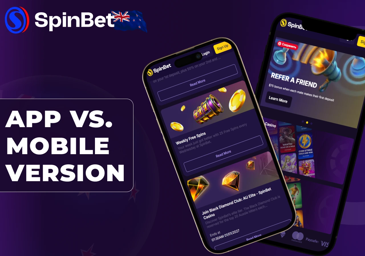 SpinBet app and mobile version differ in access and functionality.